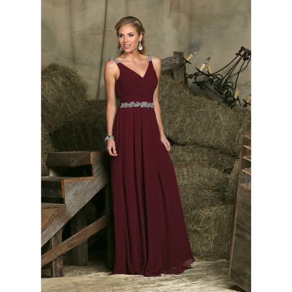 DaVinci White Chiffon Ruched V-Neck Beaded Waist & Strap Floor Length Dress 14 - Picture 14 of 16